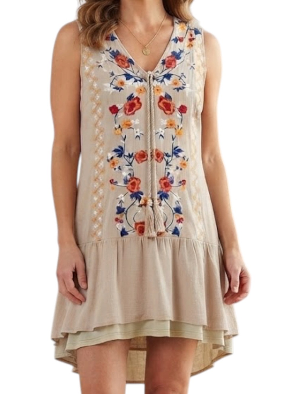 L LOVE ANTHROPOLOGIE Beige Floral Embroidery Tassel Shift Dress Boho Vintage M